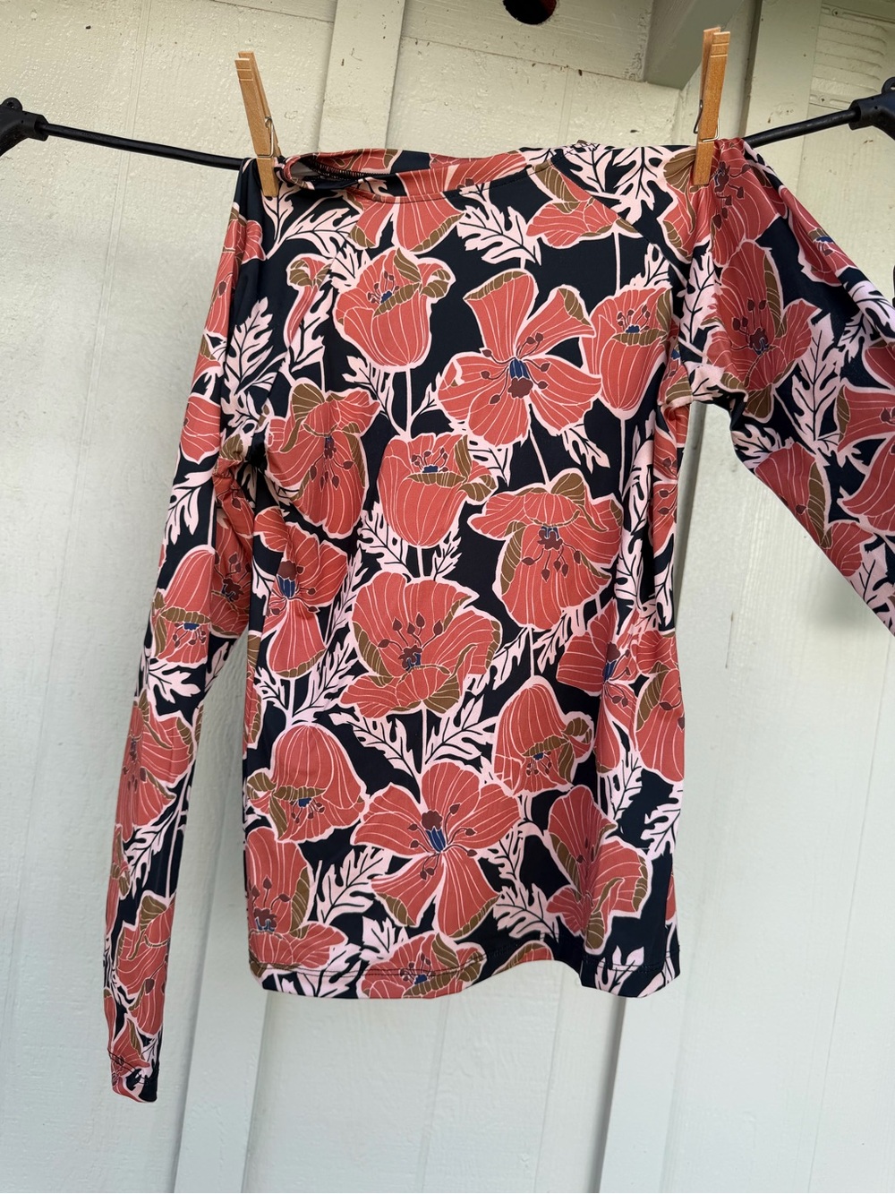 Seea Black Floral Long-Sleeve Swim Coverup with Coral Poppies